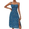thumbnail image 4 of Summer Women's Casual Floral Print Spaghetti Strap Midi Dress Sleeveless Ruched Split Slit Beach Dress with Lightweight Chiffon Fabric for Outdoor Vacation,Blue L, 4 of 4
