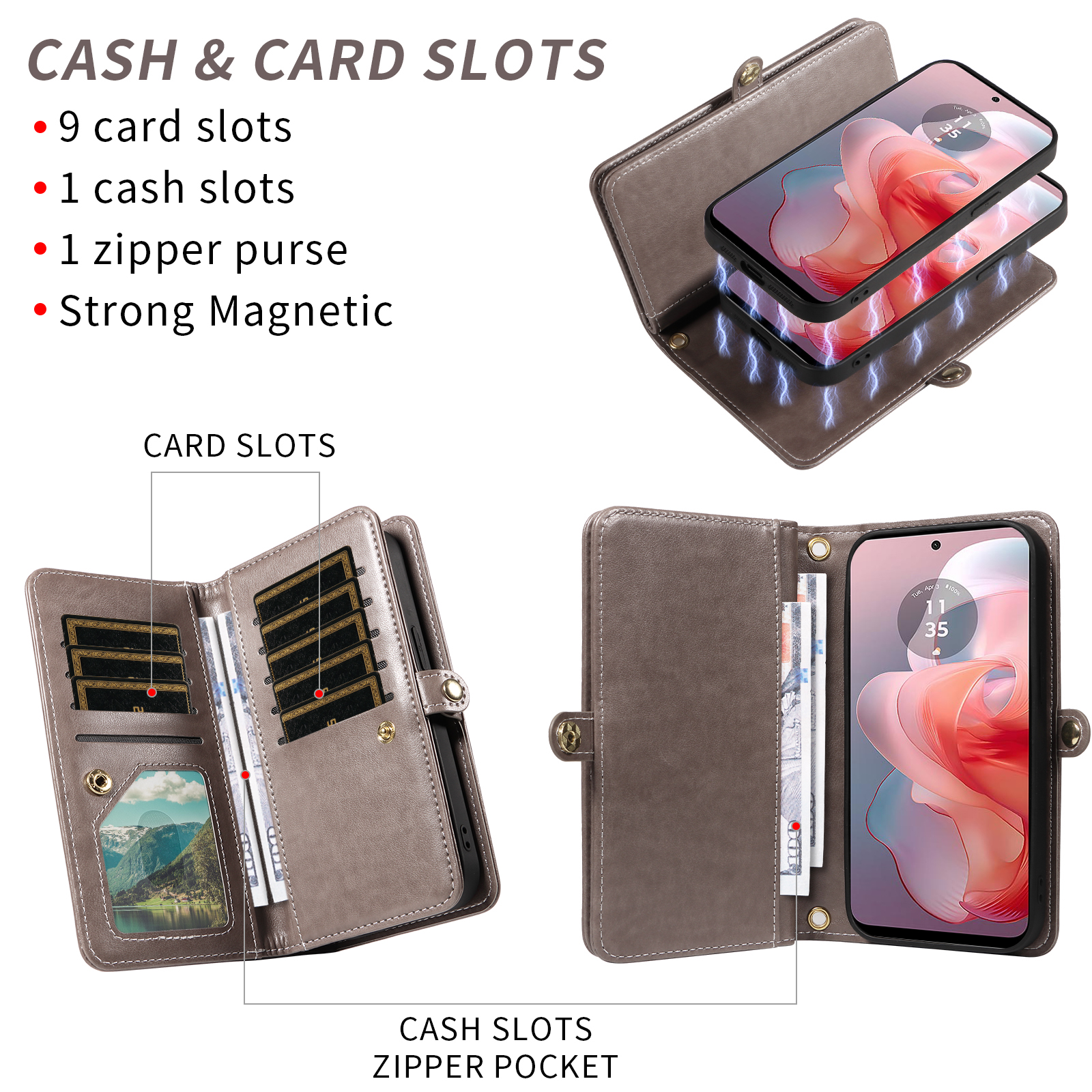 Asuwish Phone Case for Motorola Moto G Power 5G 2024 Zipper Wallet Detachable Cell Cover with Tempered Glass Screen Protector Crossbody Lanyard Strap Flower Flip Card Holder Slot G5 Women Girls Gray