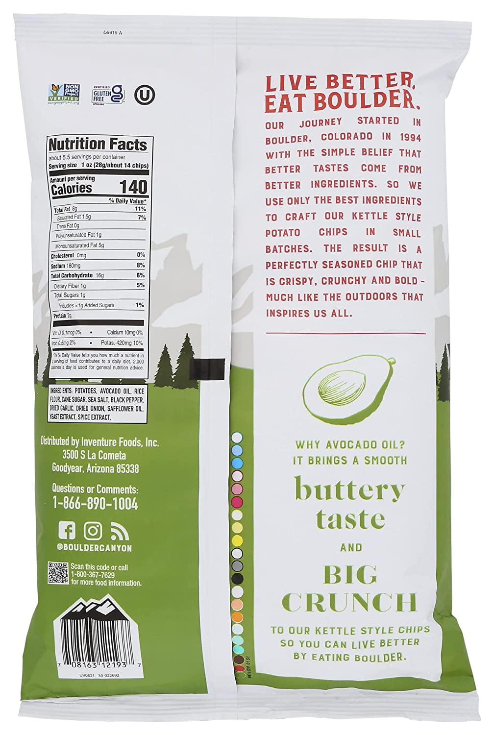 Boulder Canyon Authentic Foods Avocado Oil Canyon Cut Kettle Cooked Potato Chips Sea Salt & Cracked Pepper 5.25 oz Pack of 3