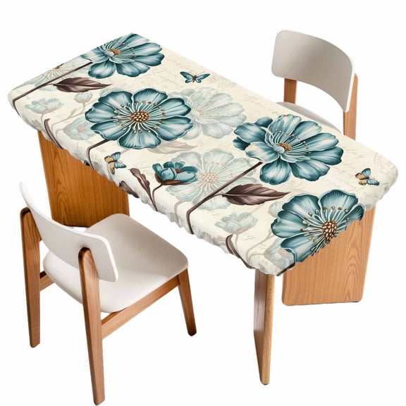 Blue Tulip Table Cloths for 4 Foot Rectangle Tables, Vintage Floral Leaves Butterfly Plants Beige Patio Waterproof Elastic Fitted Tablecloths, Washable Rectangular Table Cover for Camping