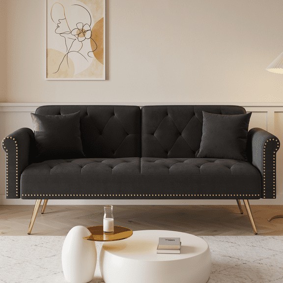 PAPROOS Black Sofa Sleeper Couch, Loveseat Sofa with Pillows, Comfy Upholstered Deep Seat Sofa for Bedroom,Living Room,Apartment,Office,Dorm