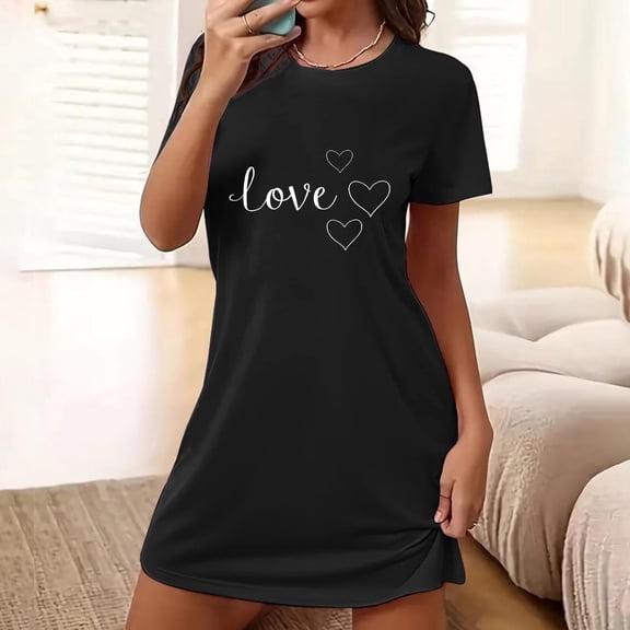 Women's Valentine's Pajamas Oversized Short Nightgown Heart Print Short Sleeve Nightdress,Valentine's Day Gift for Her