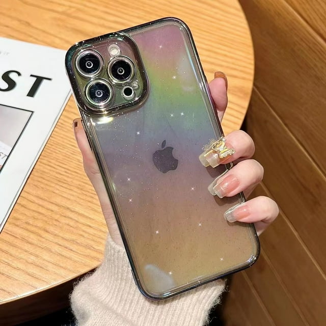 Luxury Stylish Laser Gradient Glitter Clear Soft Case for iPhone 12Pro Shockproof Transparent Silicone Cover(Black)