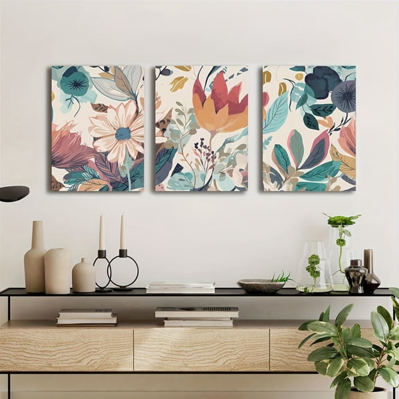 3pcs Frameless Plant and Flower Canvas Wall Art Set, Modern Classic Style Hanging Decorative Paintings for Living Room, Bedroom, Home Office, Indoor & Outdoor Bathroom – Perfect Interior Décor, Scen