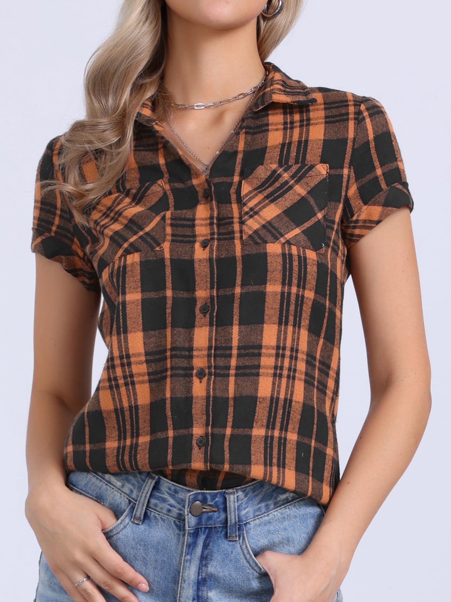 DARING DIVA Women's Plaid Shirts Cotton Short Sleeve Button Down Shirt M Black Orange