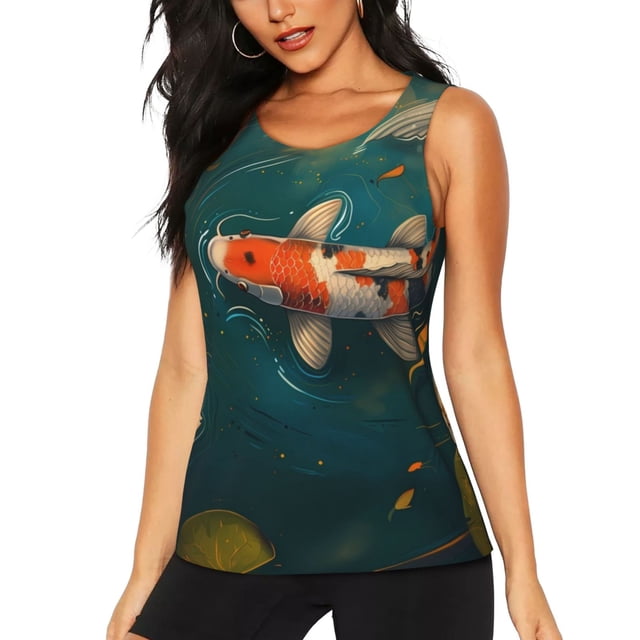 Balery Koi Pond Lilies Camiseta sin mangas estampada ligera para mujer, tops de entrenamiento sin mangas, camisetas de yoga transpirables de secado rápido.-Large