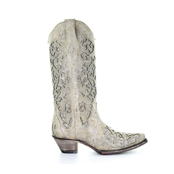 CORRAL Adult Female Glitter Inlay & Crystals White Boots, Size: 9, Width: M