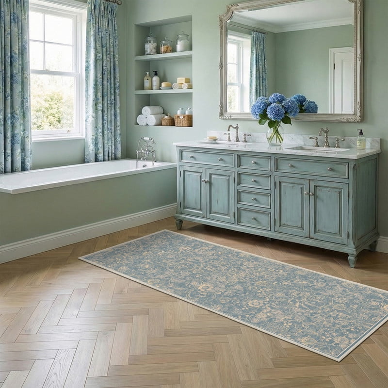 ATHOPE Floral 2x6 Area Rug, Machine Washable Rugs Soft Non Slip Low Pile Rugs for Living Room Bedroom Nursery Kitchen Dining Room Indoor, Floral Print Pattern Runner Carpet, Blue