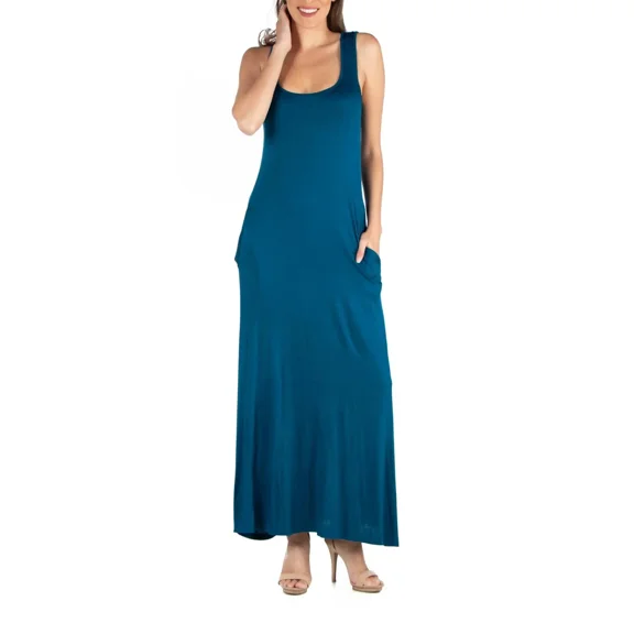 24Seven Comfort Apparel Womens Scoop Neck Sleeveless Maxi Dress Pockets Teal Sz XL