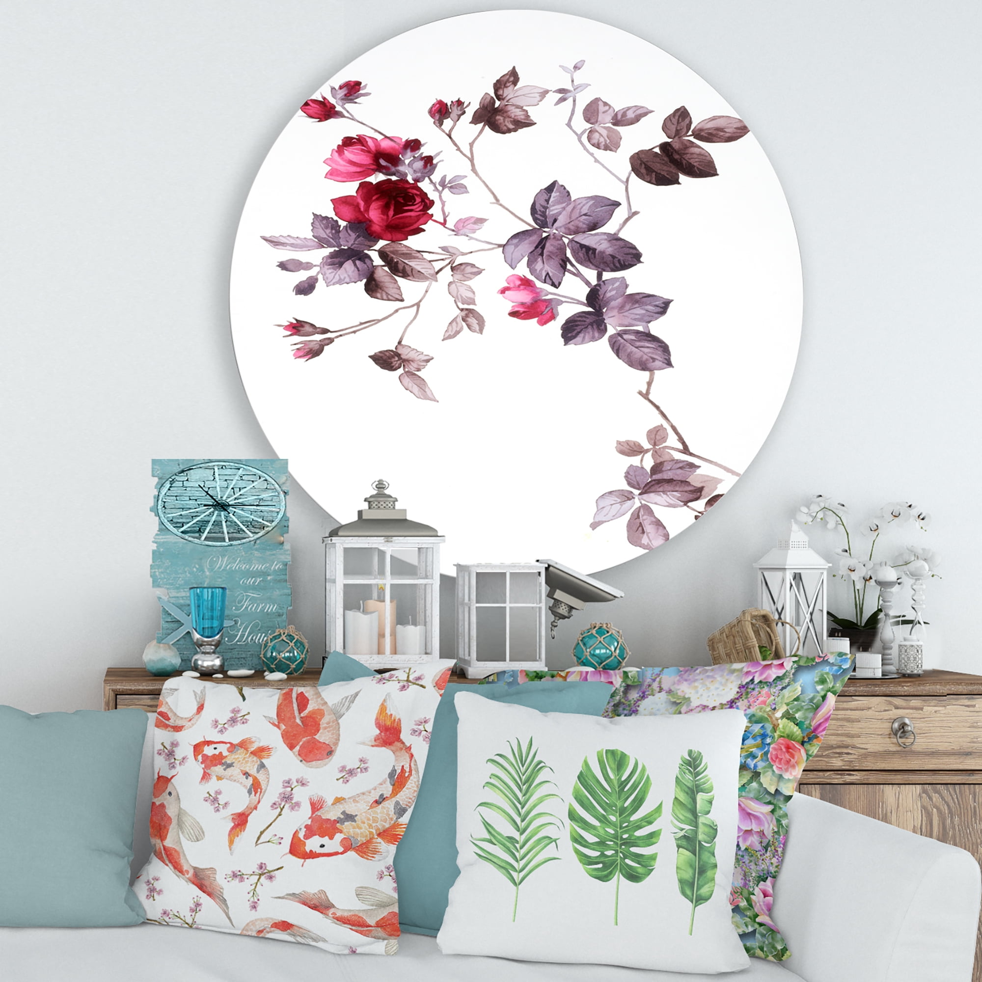 Designart 'Purple Wildflowers On White II' Traditional Circle Metal Wall Art 36x36 - Disc of 36