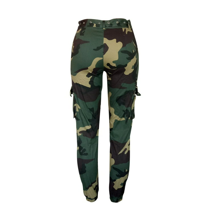 Vakkest Women's Cargo Camo Pants High Waist Slim Fit Trousers Camouflage  Active Jogger Pocket Sweatpant with Belt Armygreen XX-Large