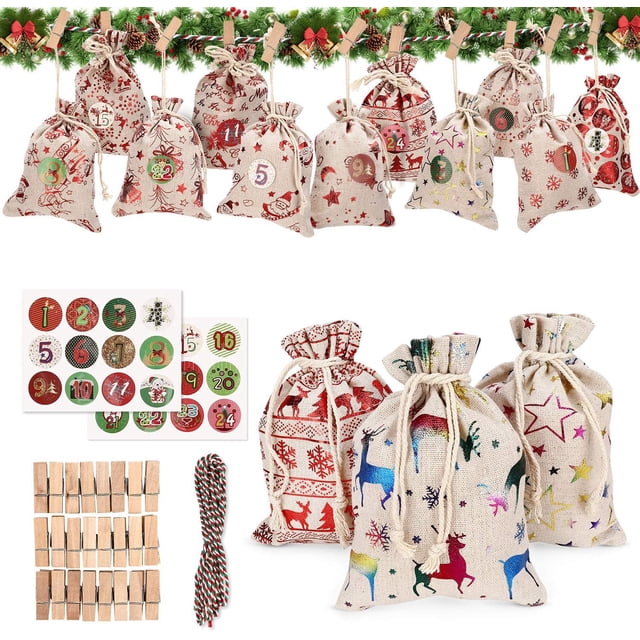 Calendario de adviento de ropa de cama de algodón, calendario de adviento para llenar, calendario de adviento para llenar grande, bolsas para calendario de adviento (24 piezas, 12 muestras) Adepaton LN-0874