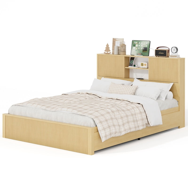 Lumiinofami Queen Size Bed Frame with Storage Drawers, Platform Bed with Charging Station and Storage Headboard, No Box Spring Needed, Noise-Free, Oak