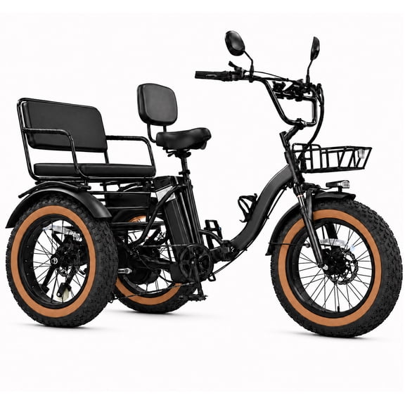 NOMIGO Two Seater Electric Tricycle 7 Speed 3 Wheel Electric Bicycle Max 20MPH 20*4.0" Fat Tire W/ 48V 15.6Ah Lithium Battery 750W Motor Electric Tricycle for Adults with 2 Baskets Green