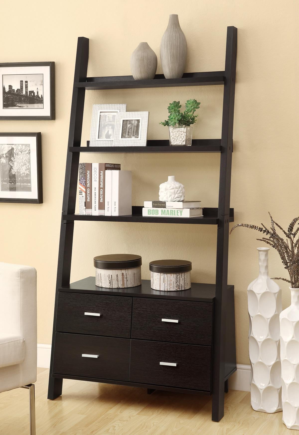 Cappuccino Leaning Ladder Bookshelf With 2 Drawers Walmart Com