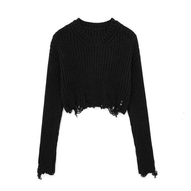 TRAF 2023 Otoño Y2K Suéteres cortos para mujer Jersey de punto deshilachado de manga larga Suéteres para mujer Top corto Ropa de calle
