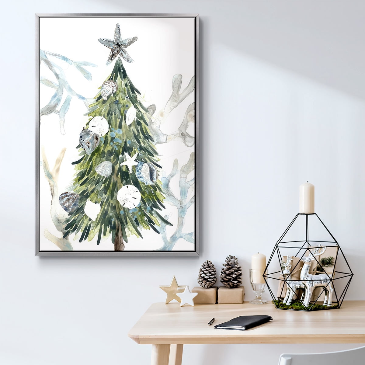 Coastal Christmas Shell Collection B - Framed Gallery Wrapped Holiday Canvas - 17 x 25 - Silver Frame