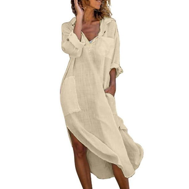 Vestido camisero holgado de color liso con botones para mujer: algodón y lino, manga larga, vestido largo informal/para la oficina/para vacaciones