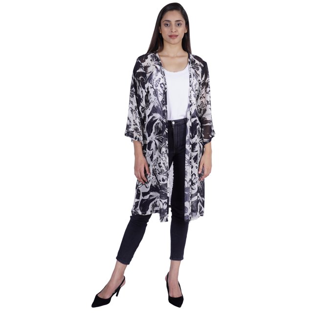 Moomaya Long Boléro Transparent Imprimé Ouvert Couverture de Plage Cardigan d'Été