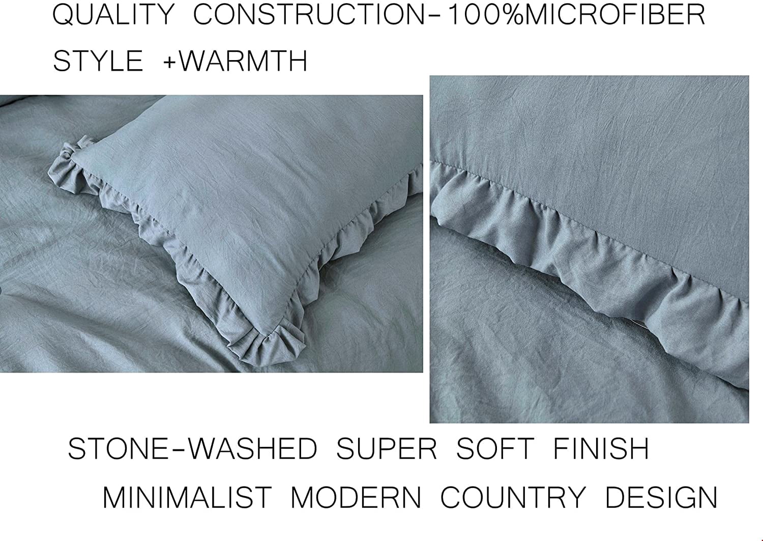 Chezmoi Collection Nora 3-Piece Dusty Blue Ruffled Edge Trim Microfiber Comforter Set, King Size