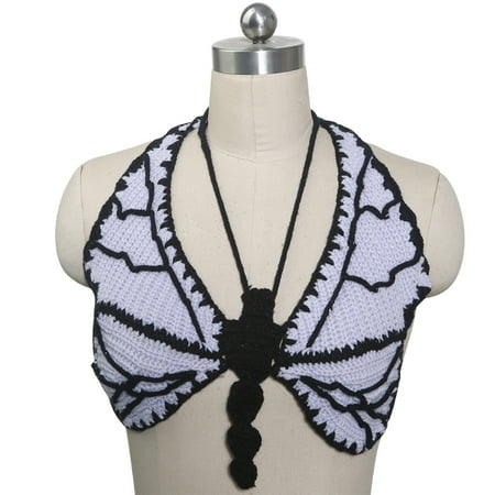 

OOKWE Womens Summer Sexy Hollow Out Knit Camisole Deep V-Neck Halter Backless Crop Top Crochet Butterfly Bralette Bra Vest Beach Dance Party Clubwear