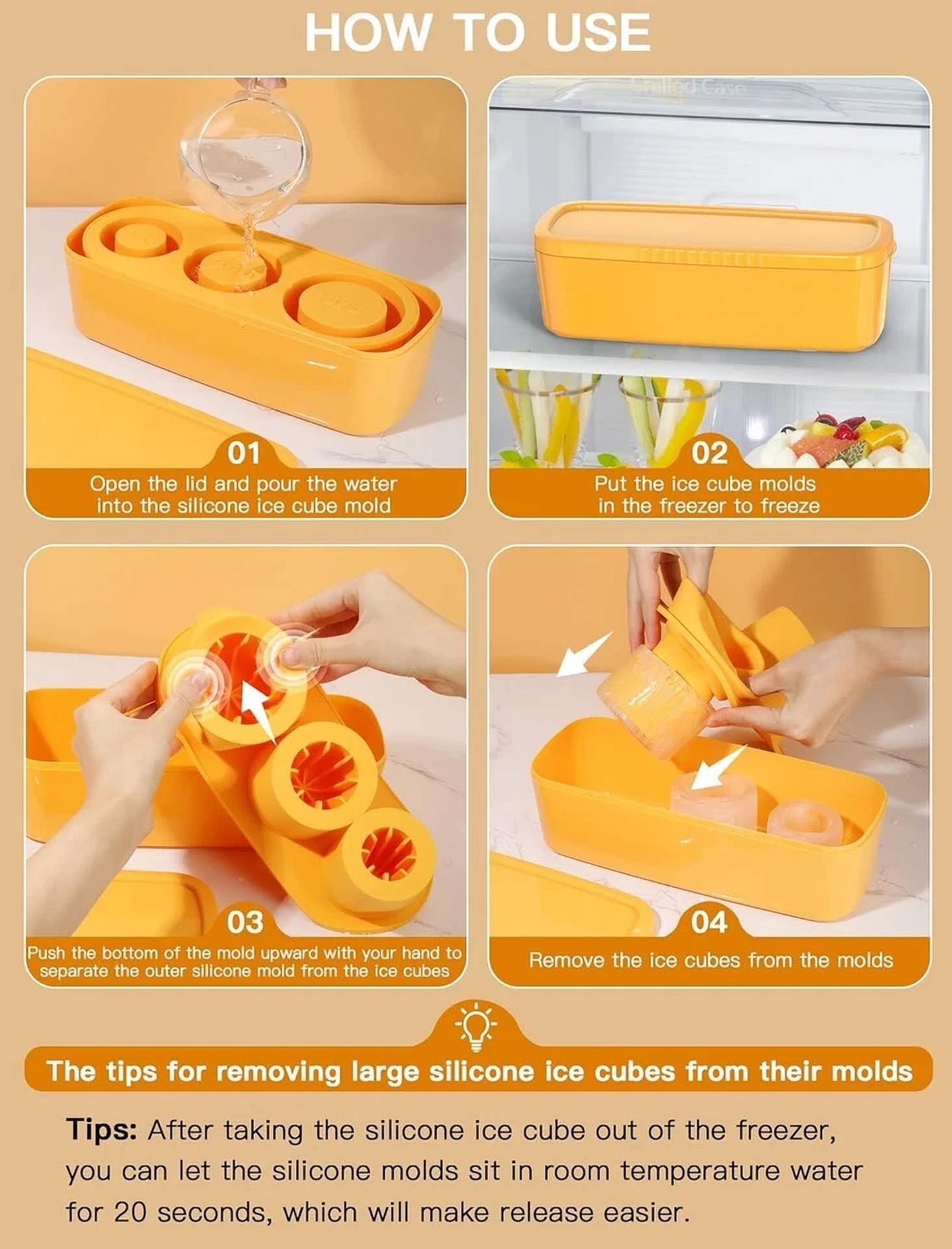 LUOLAX Ice Cube Tray for 30-40 oz Tumbler Cup, Silicone Ice Cube Molds With Lid and Bin