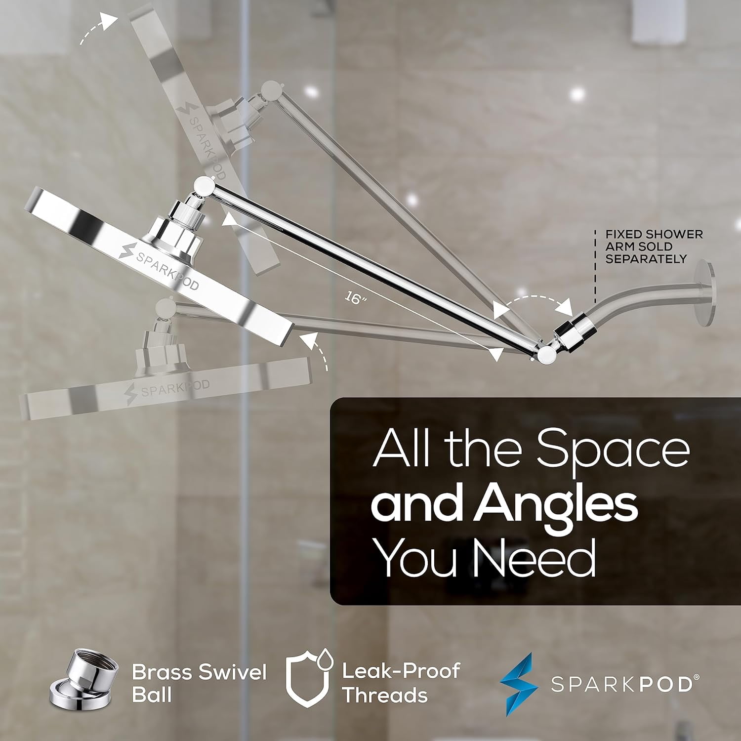 SparkPod Rain Shower Head with Adjustable Extension Arm 16" - High Pressure, Easy Install (8" inch Shower head, Chrome)