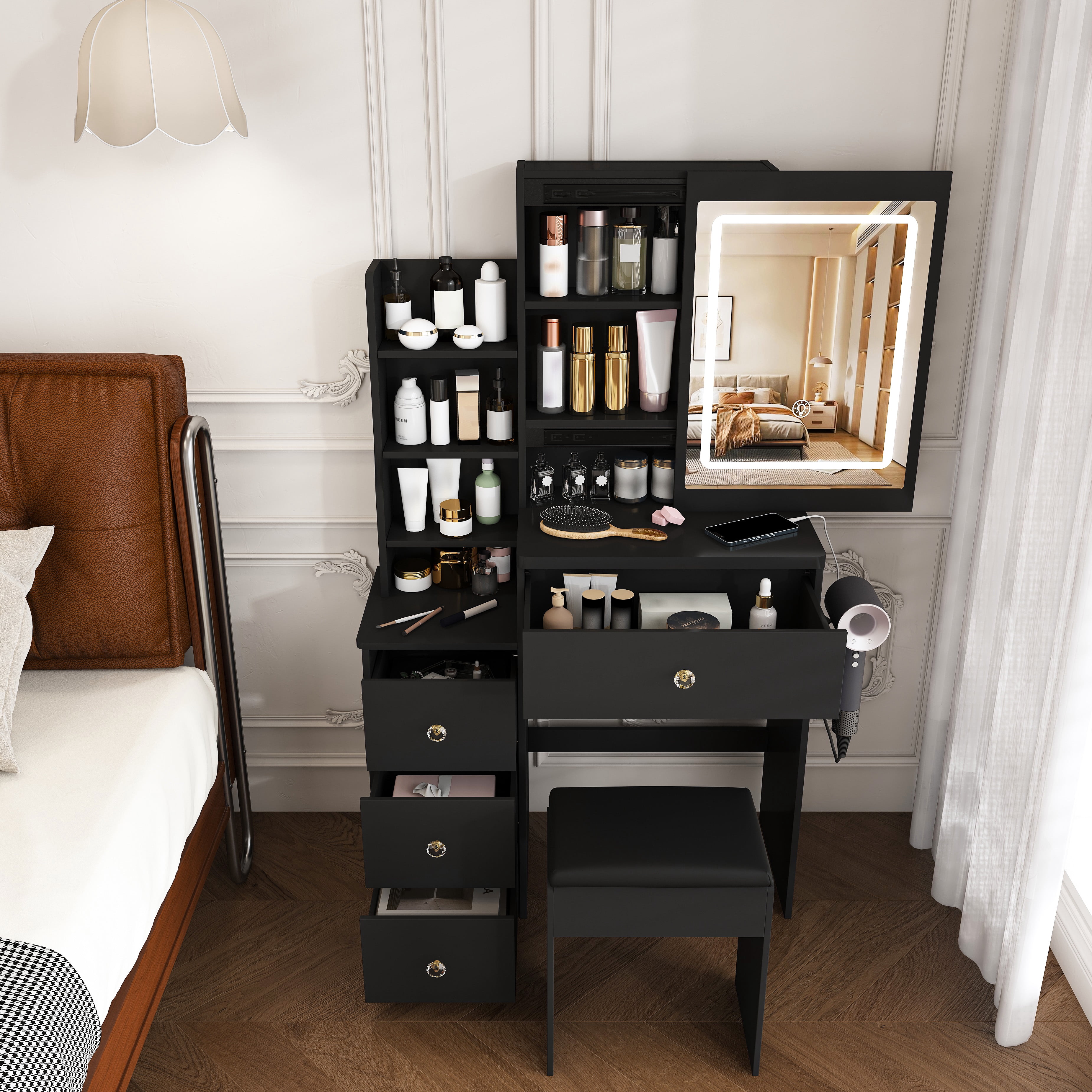 Modern Vanity Desk ,featuring 3 modes of LED lighting with adjustable brightness , with 4 drawers and multiple open storage shelves, with a hair dryer holder and power socket, a dressing chair. Black