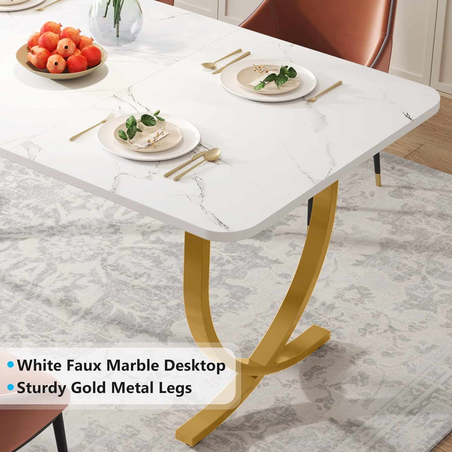 Finmind Rectangular Dining Table for 4 to 6, 63-Inch White and Gold Modern Kitchen Table with Faux Marble Table Top and Metal Legs for Dining Room, Kitchen or Living Room