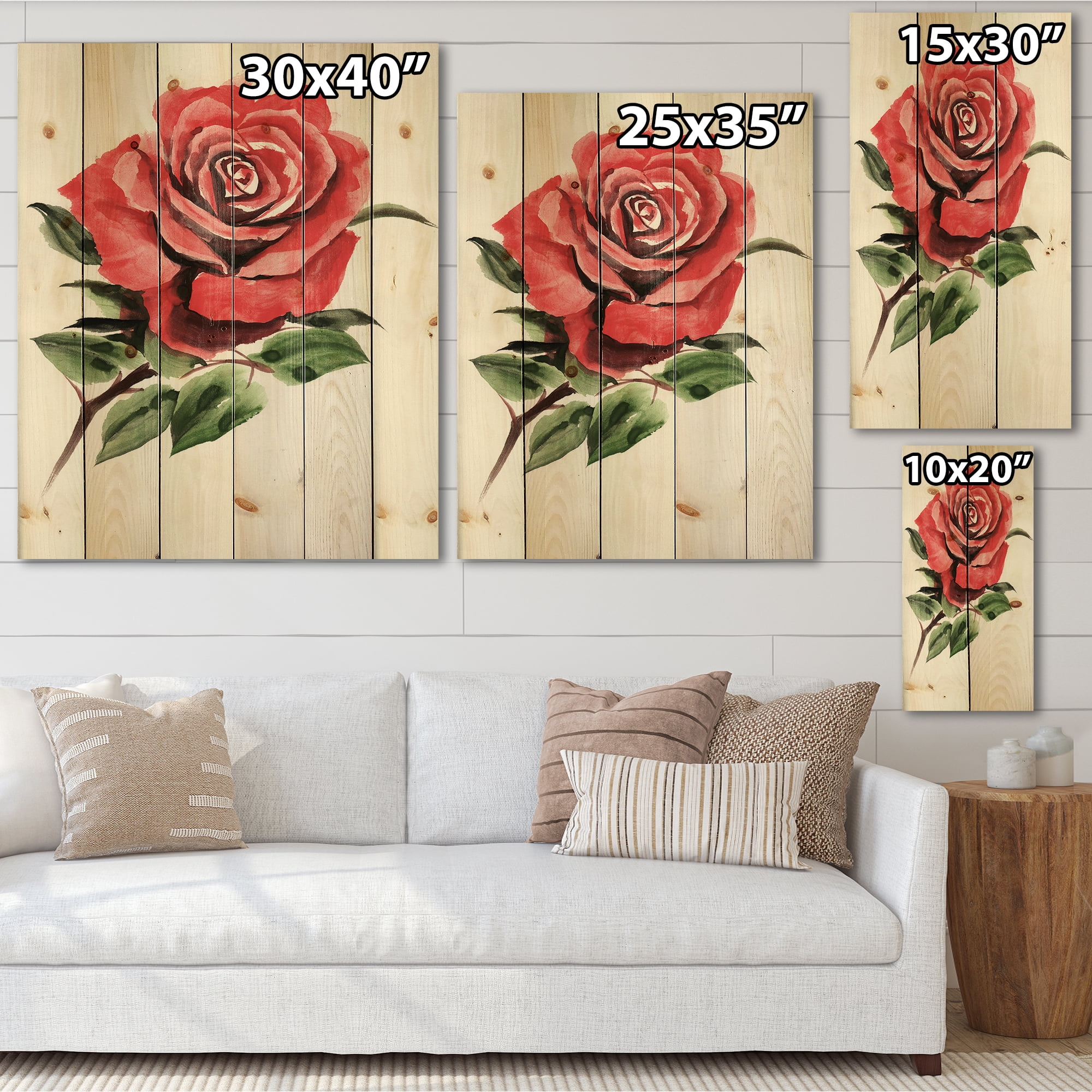 Designart 'Ancient Red Rose Flower III' Traditional Print on Natural Pine Wood