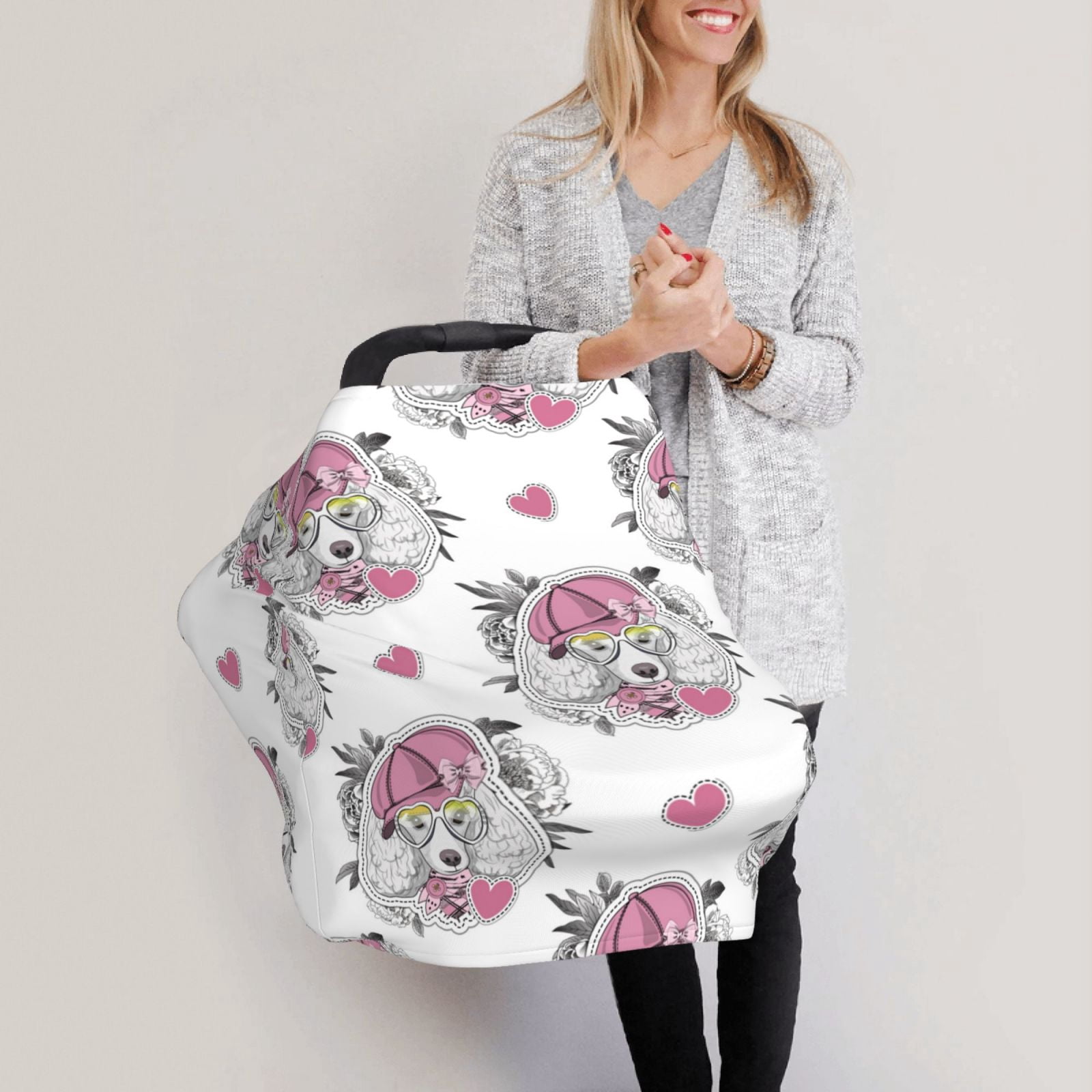 Fotbe Cartoon Poodle Dog Pattern Car Seat Covers for Babies, Nursing Breastfeeding Cover Carseat Canopy, Soft Stretchy Carrier Cover