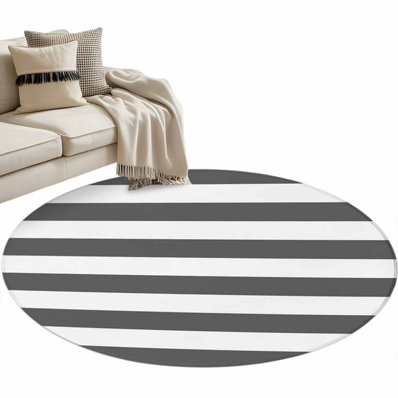 Grey Stripes Round Area Rug 3 FT, Small Kitchen Bathroom Mat, Simple Gray White Texture Washable Indoor Outdoor Throw Runner Carpet Non-Shedding Doormat for Table Shower Sofa Entryway