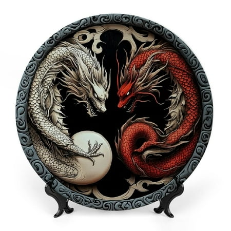 

FUMJ Dragon Yin-Yang Symbol Bone China Decorative Plate for Home Office Wall Decor Room Decoration 10x10inch