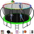 thumbnail image 1 of Jump Into Fun Trampoline 12FT, 1200LBS Trampoline for Kids and Adults with Enclosure, Basketball Hoop, Wind Stakes, LED light, Sprinkler and Socks, Outdoor Galvanized Full Spray Round Trampoline, 1 of 7