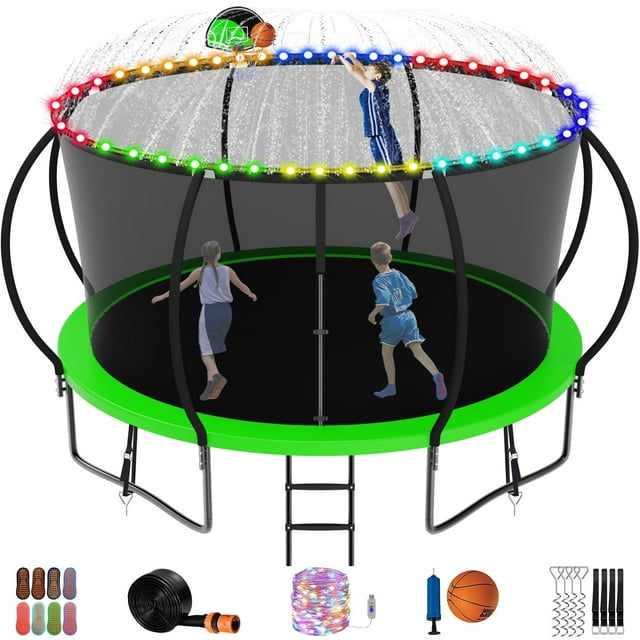 Jump Into Fun Trampoline 12FT, 1200LBS Trampoline for Kids and Adults with Enclosure, Basketball Hoop, Wind Stakes, LED light, Sprinkler and Socks, Outdoor Galvanized Full Spray Round Trampoline