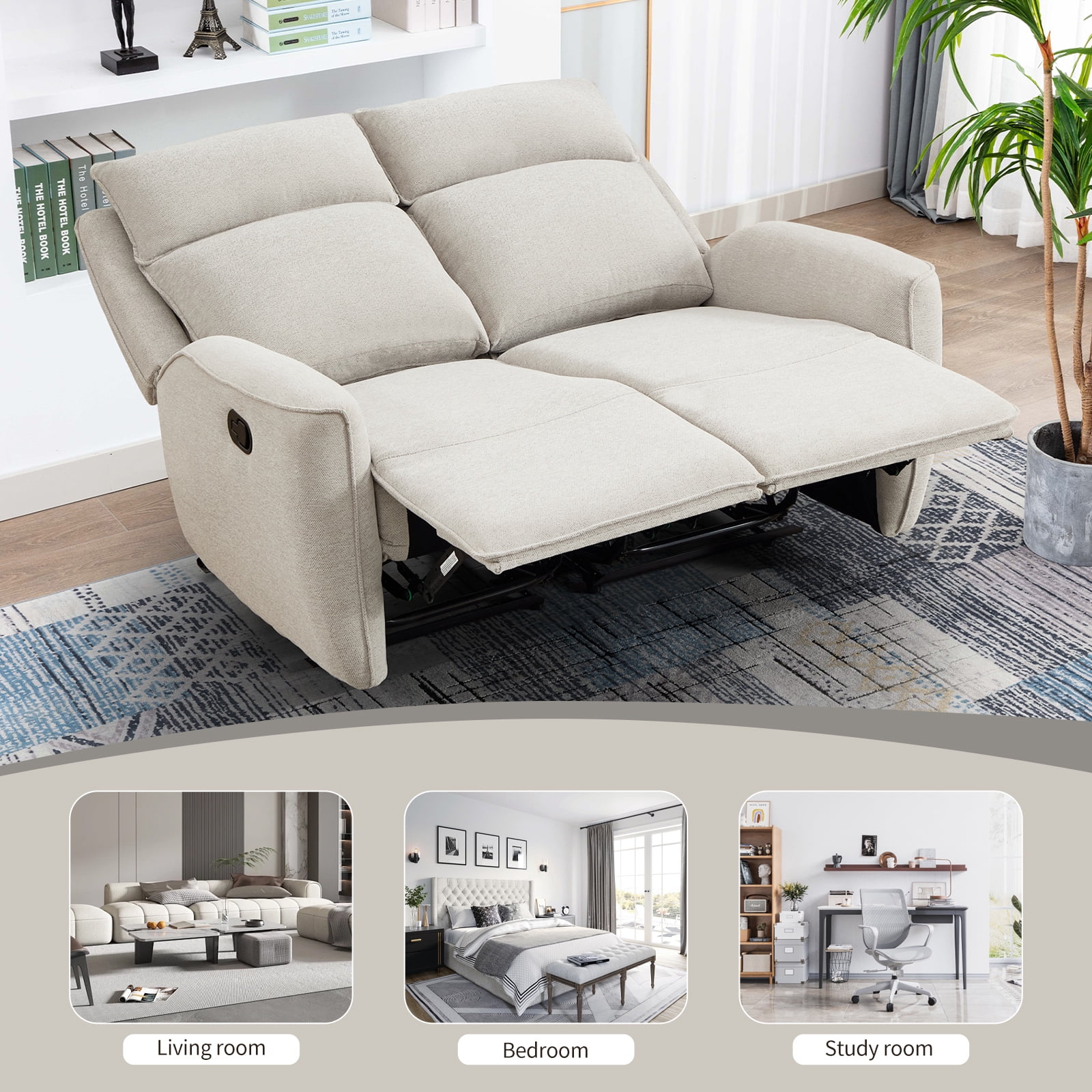Bonzy Home Fabric Manual Loveseat Recliner with Center Console, Hidden Storage & Cup Holders — Dual Manual Reclining Sofa for Living Room & Meeting Room