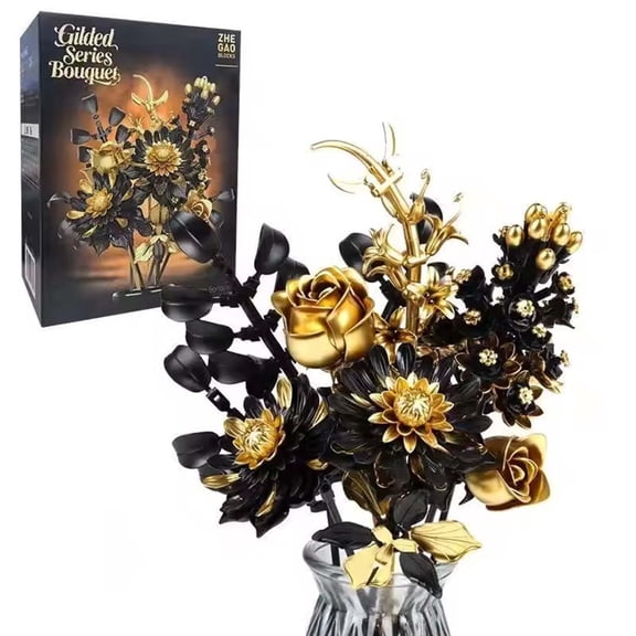BrixVibe Black Golden Rose Bouquet Building Sets Compatible With Lego Flowers Bedroom Decor Building Toys For Adults Womens