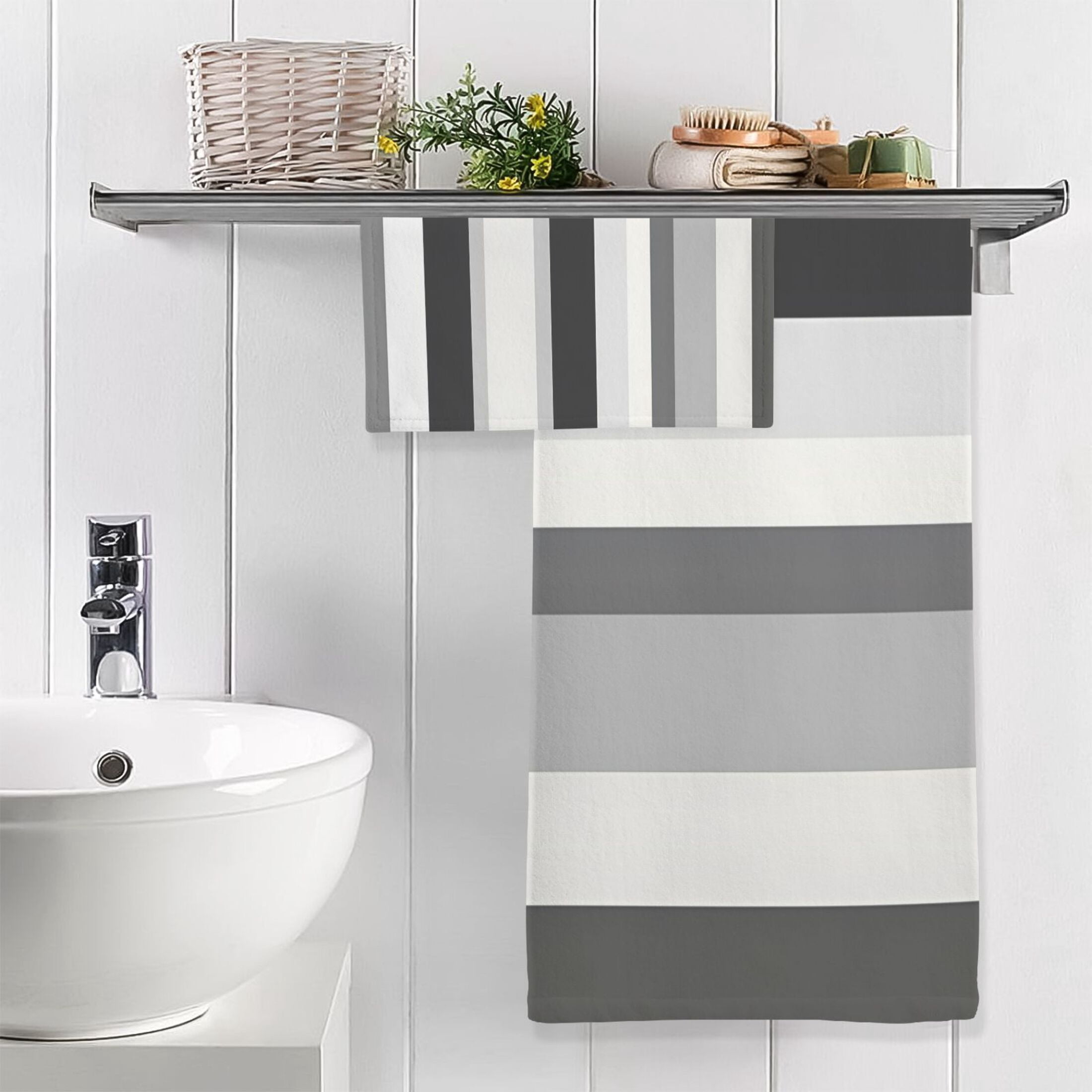 Black White and Gray Stripes 2 Piece Cotton Bath and Face Towel Set Soft and Absorbent, for Beach Pool Bathroom