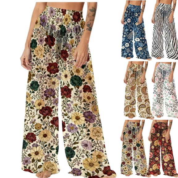 Gamivast Women Swim Cover up Pants Print Sheer Wide Leg Pant Lightweight Elastic Wist Flowy Boho Swimwear Breathable Summer Beach Vacation Outfits