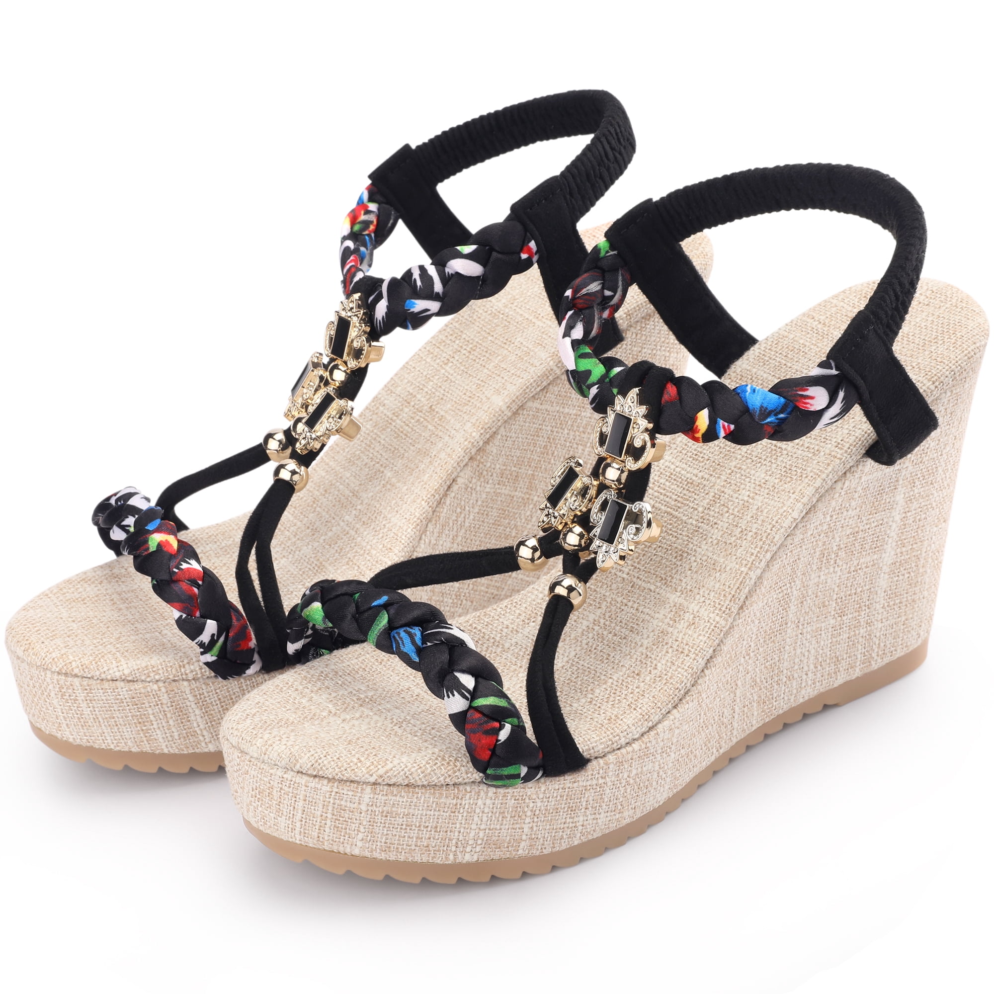 DARING DIVA Women's Stylish Bohemia Pull on Platform Wedge Heel Sandals Black 6.5
