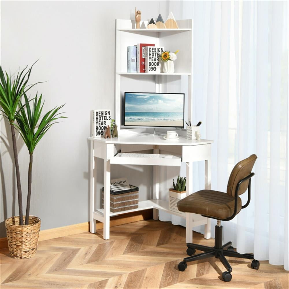 Demi Bonn Corner Computer Desk with Hutch and Storage Shelves, Small Home Office Desk Study Writing Table, White