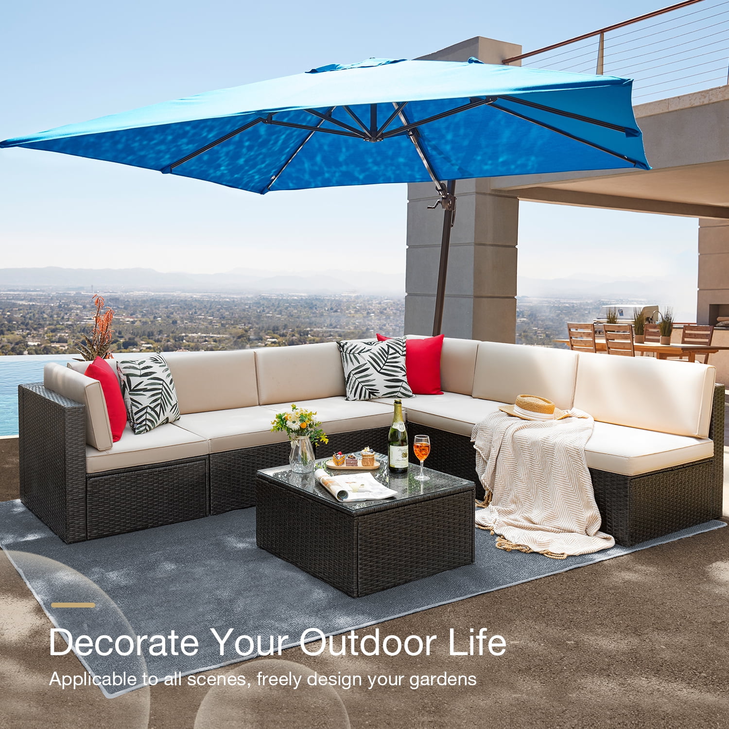 Vineego 7 Pieces Outdoor Patio Furniture Sets Wicker Sectional Sofa All-Weather PE Rattan Conversation Sets, Beige