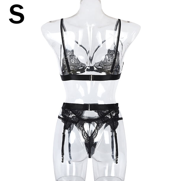 Conjunto de ropa interior de encaje floral de 3 piezas para mujer, sujetador sexy, bragas, liguero, negro, S Inevent XX000052-02