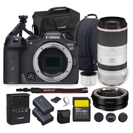 Canon EOS R7 Mirrorless Camera | 32.5MP APS-C Sensor 4K 60p Video | Fast Autofocus In-Body Stabilization for Wildlife and Sports + Canon RF 100-500mm Lens + Adapter EF-EOS R + Tripod Grip + More