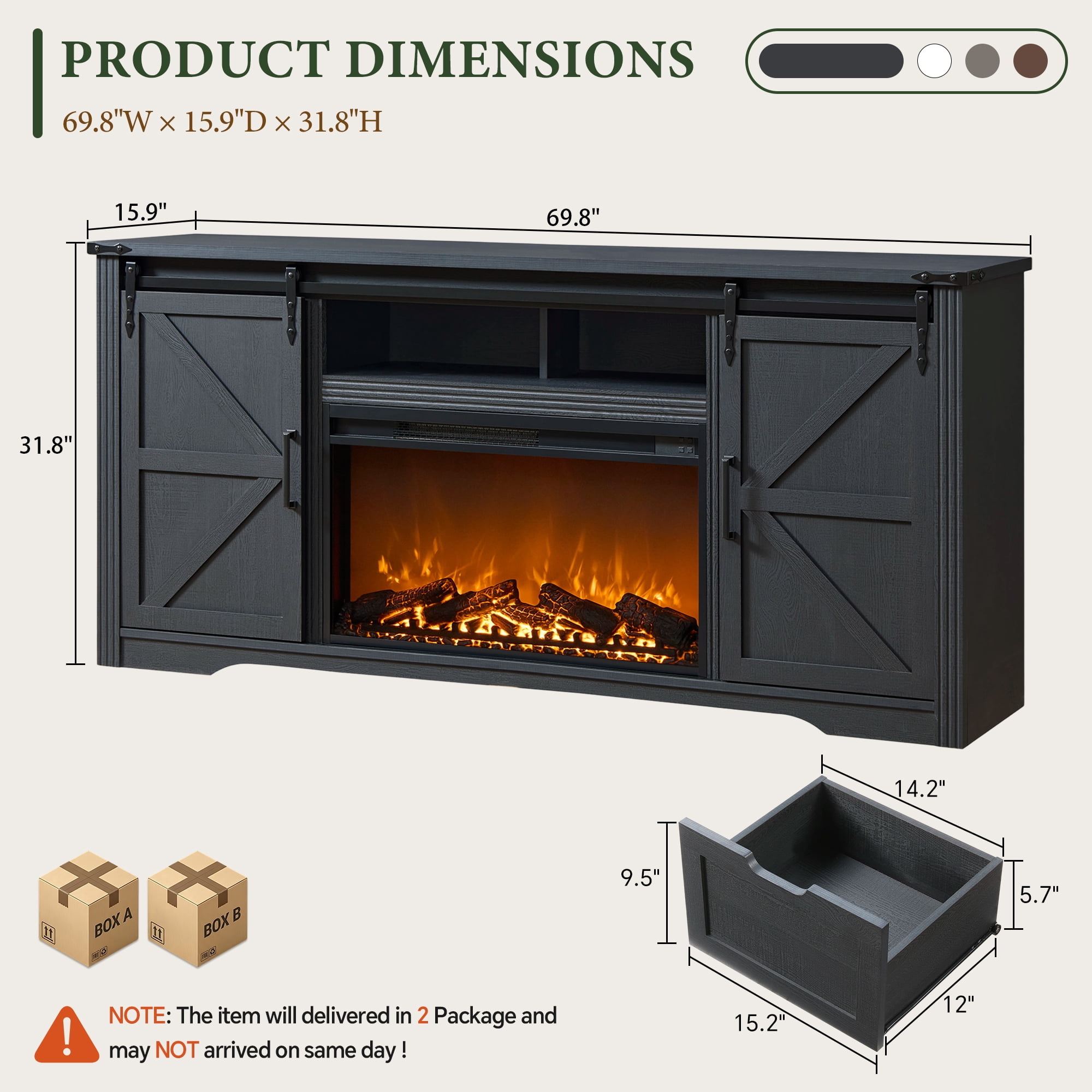 IFMUST Farmhouse Fireplace TV Stand for TVs up to 80", 30" Electric Fireplace & Barn Door