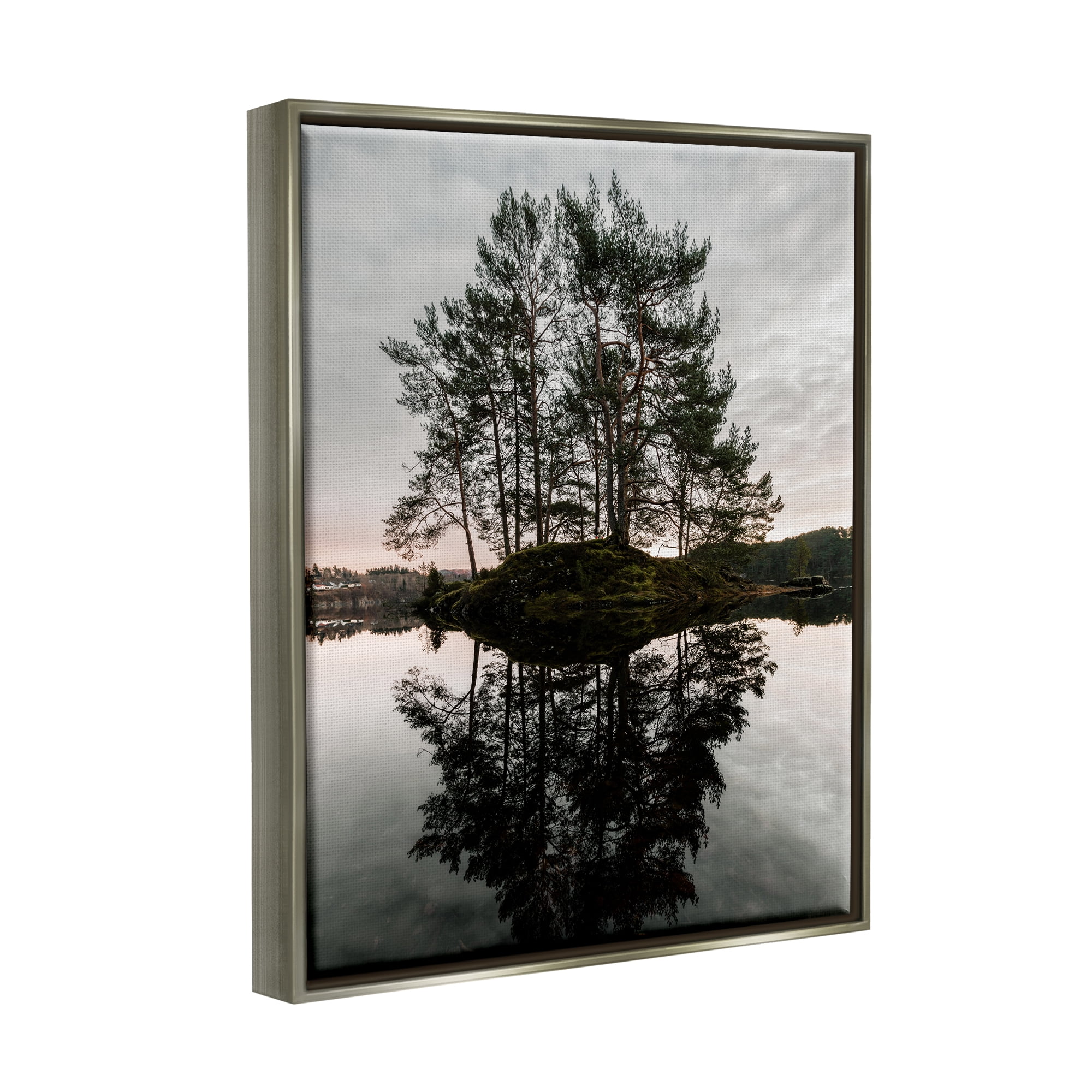 Stupell Industries Tree on Lake Landscape Nature Photography Gray Floater Framed Art Print Wall Art, 25 x 31