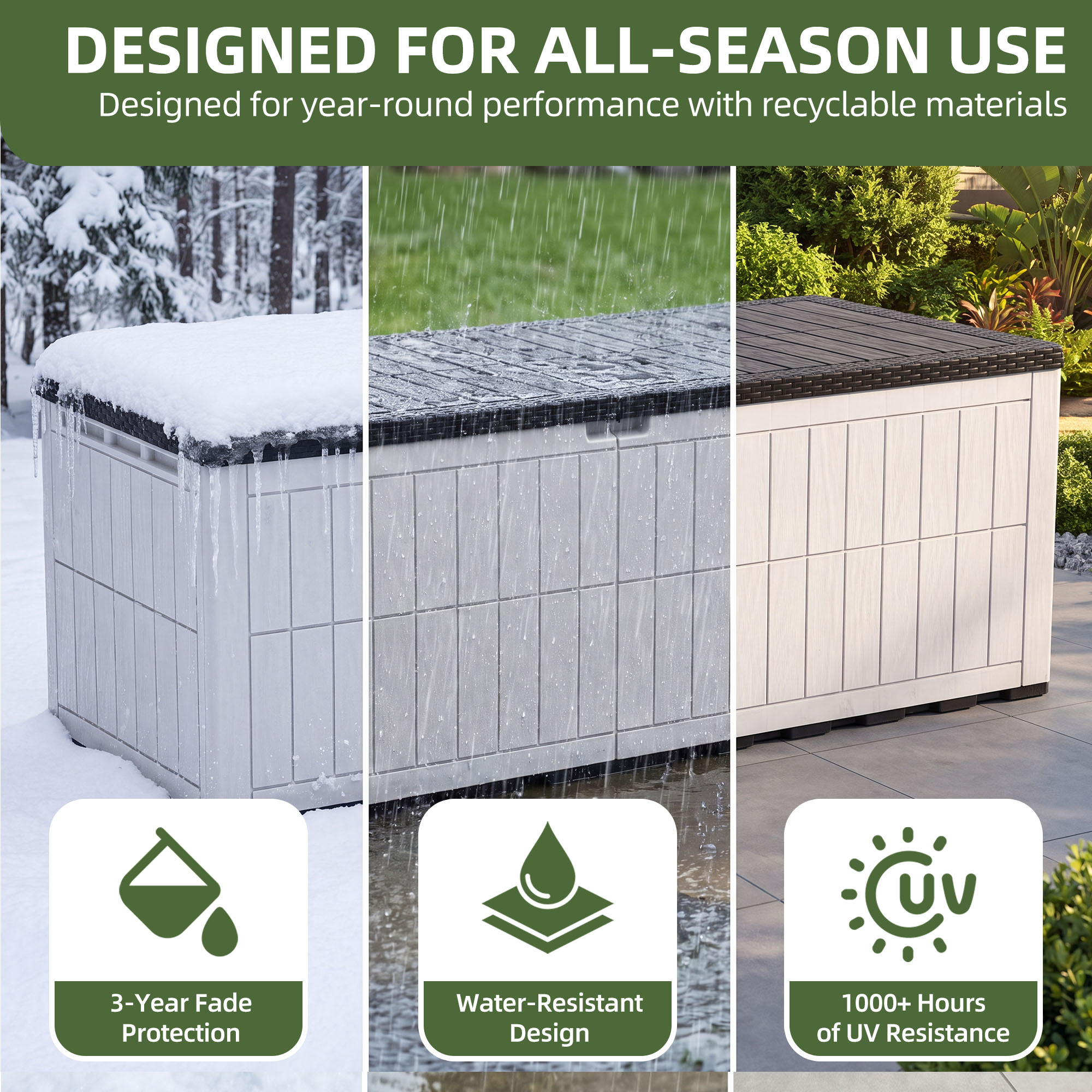 Uforic XXL 240 Gallon Waterproof Resin Deck Box, Lockable 3-Person Outdoor Storage Bench for Patio Cushions, Garden Tools & Pool Supplies