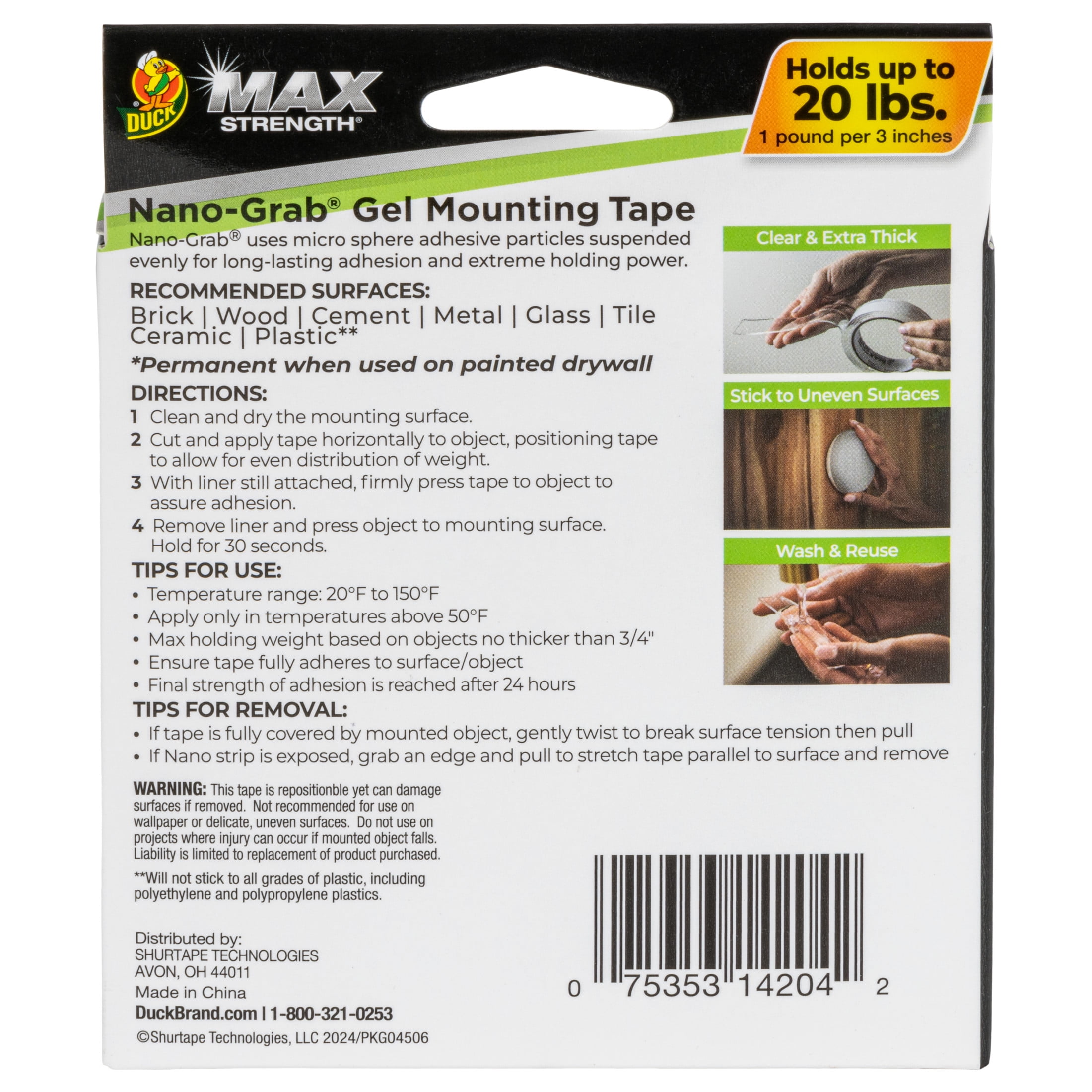 Duck Max .94 in. x 5 ft. Nano Grab Gel Mounting Tape, 1 Pack