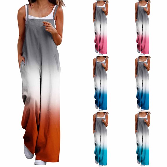 Umfun Women's Ombre Gradient Spaghetti Strap Wide Leg Jumpsuit - Loose Fit Sleeveless Long Romper with Pockets for Summer Vacation & Streetwear Outings