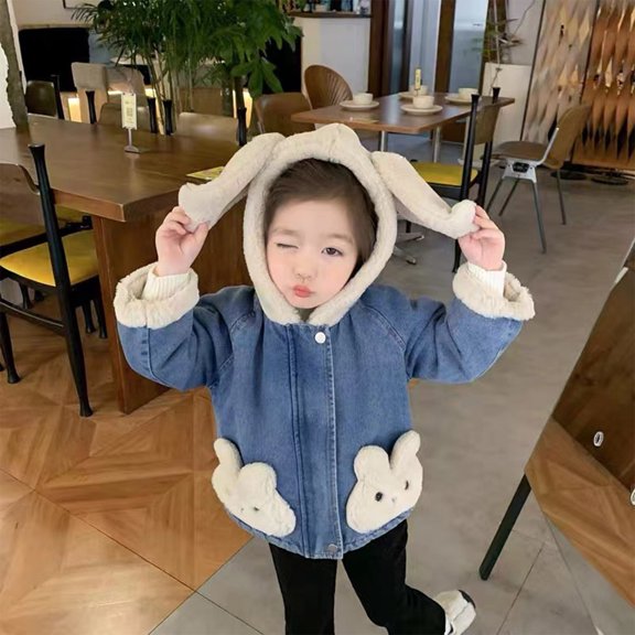 Odeerbi Toddler Girls Fleece Lined Denim Jacket Lamb Wool Clothing Velvet Thickened Winter Clothing For Middle-aged Children Blue 4-5 Years